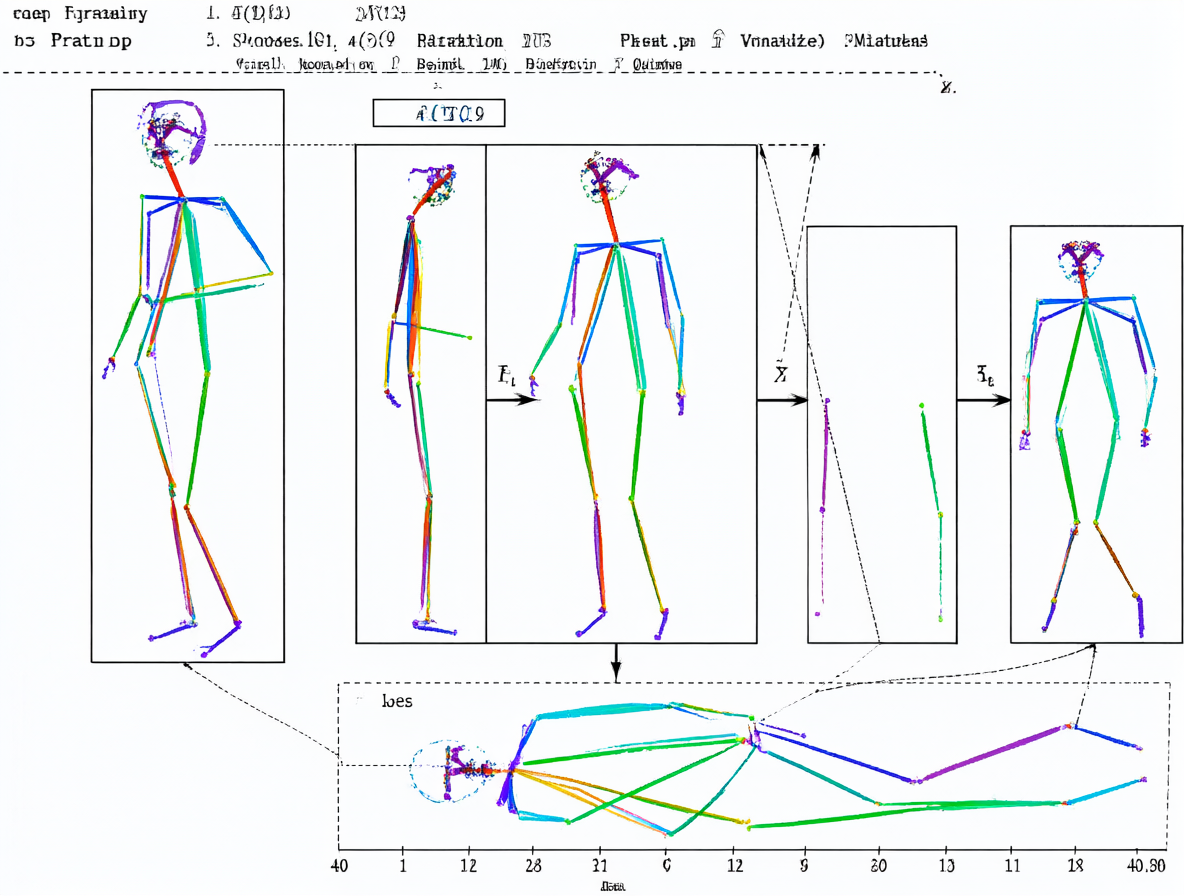 Diagrama técnico que muestra los pasos experimentales: convertir un video original a sujeto aislado, y finalmente a un esqueleto OpenPose para guiar el movimiento de la IA.
