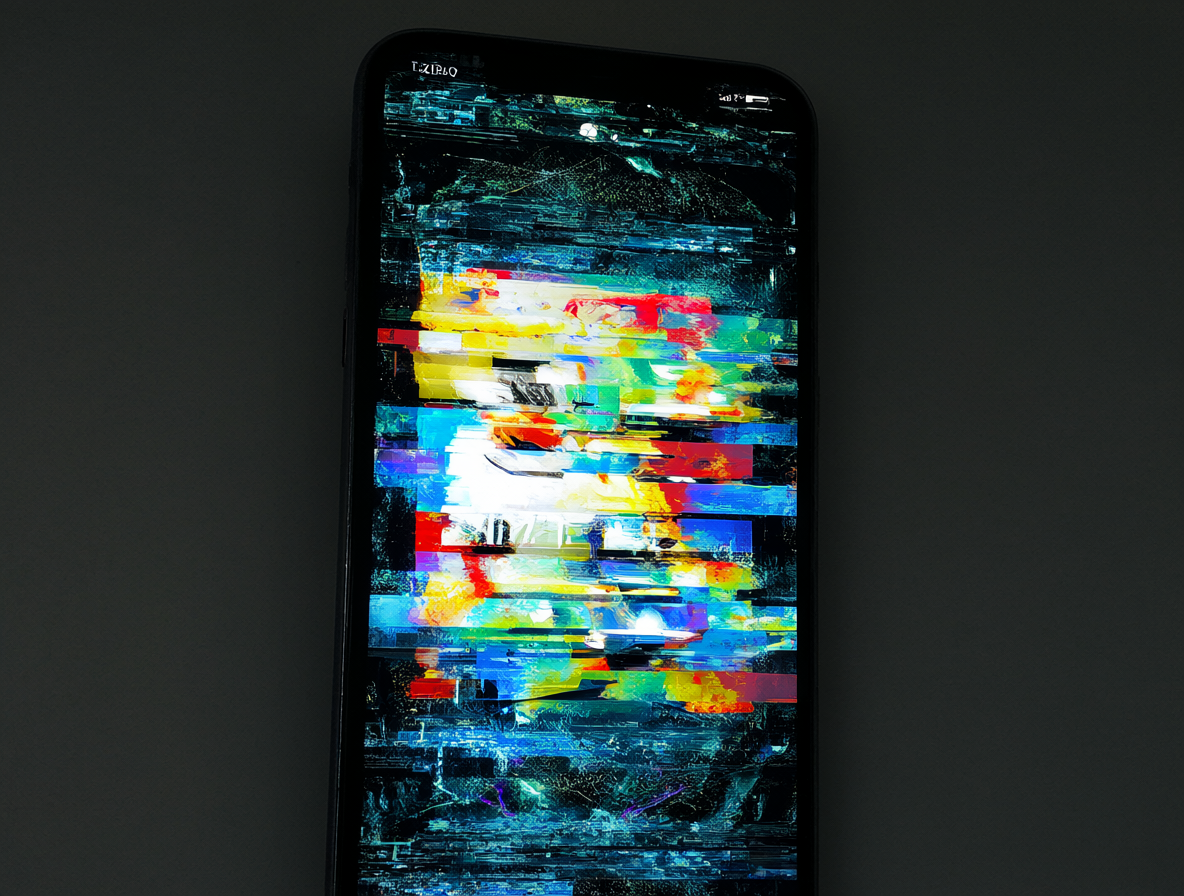 An Android smartphone showing a glitched screen and error notifications related to Instagram.
