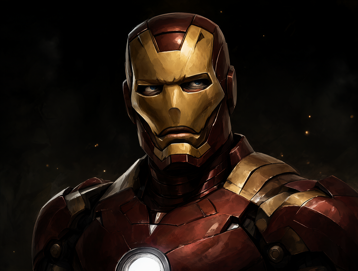 Ilustración de Iron Man con armadura roja y dorada bajo una atmósfera oscura y sombras profundas.