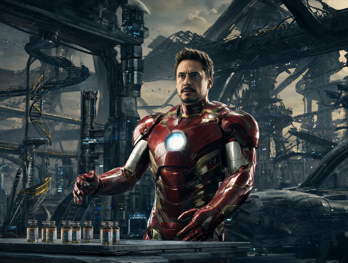 Tony Stark actuando como un dictador sobre una ciudad industrial futurista.