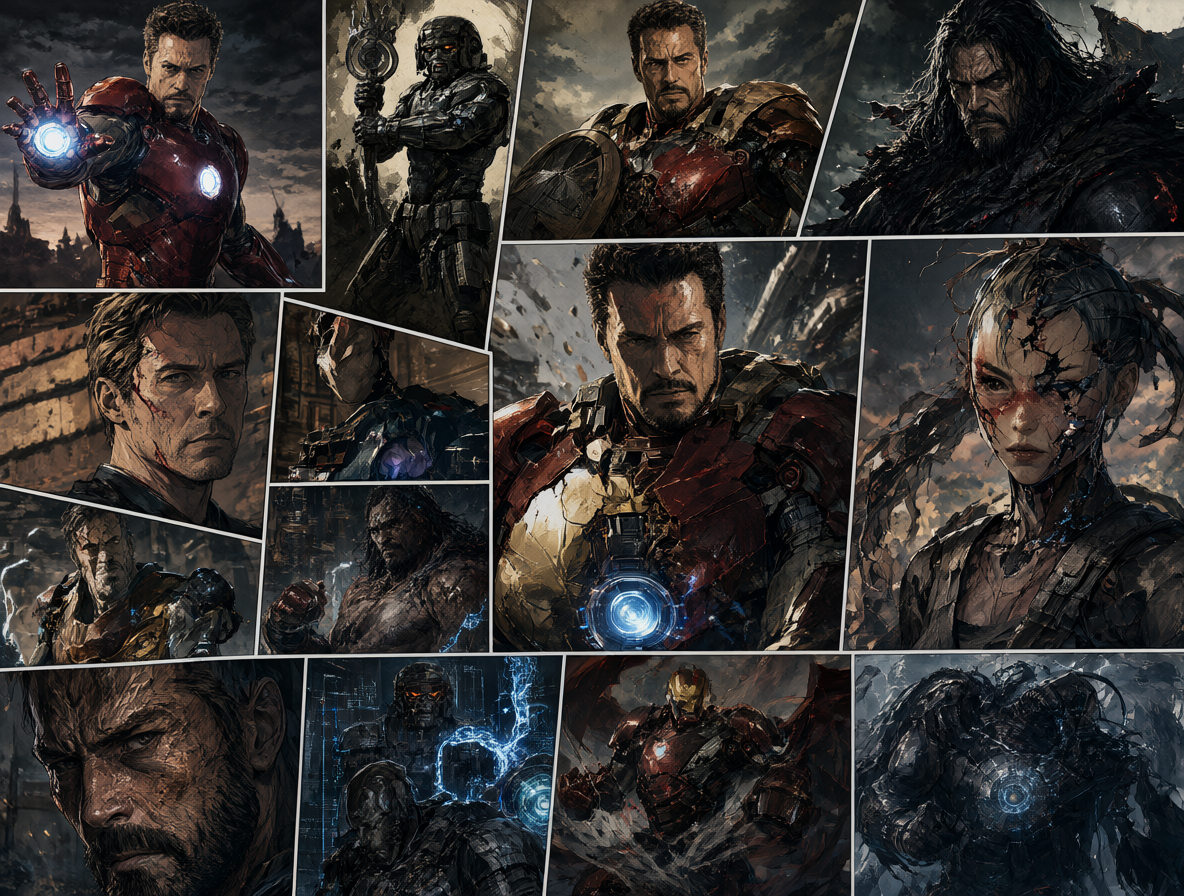 Collage mostrando diferentes facetas de Tony Stark, desde héroe hasta dictador oscuro.