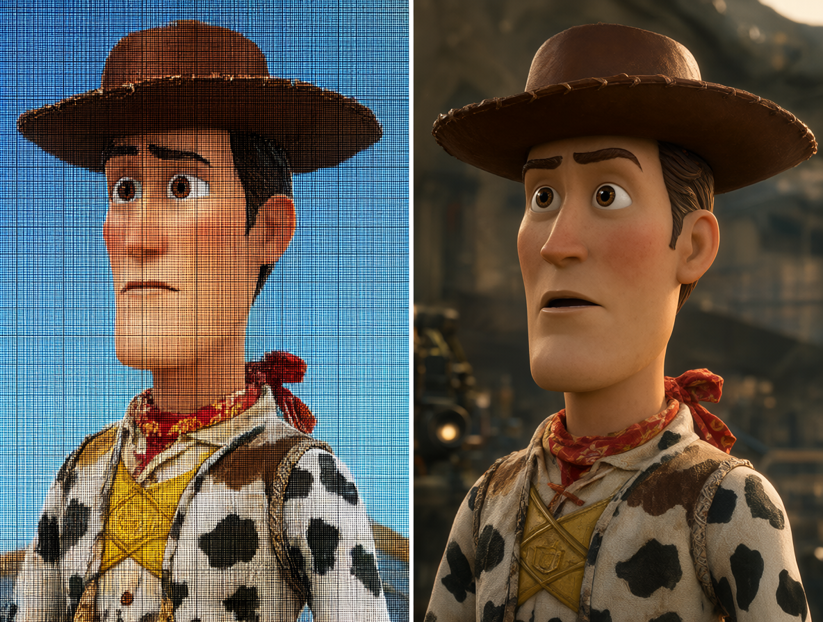 Ilustración técnica mostrando dos versiones de la misma escena: una con baja resolución de renderizado y otra con alta resolución moderna.