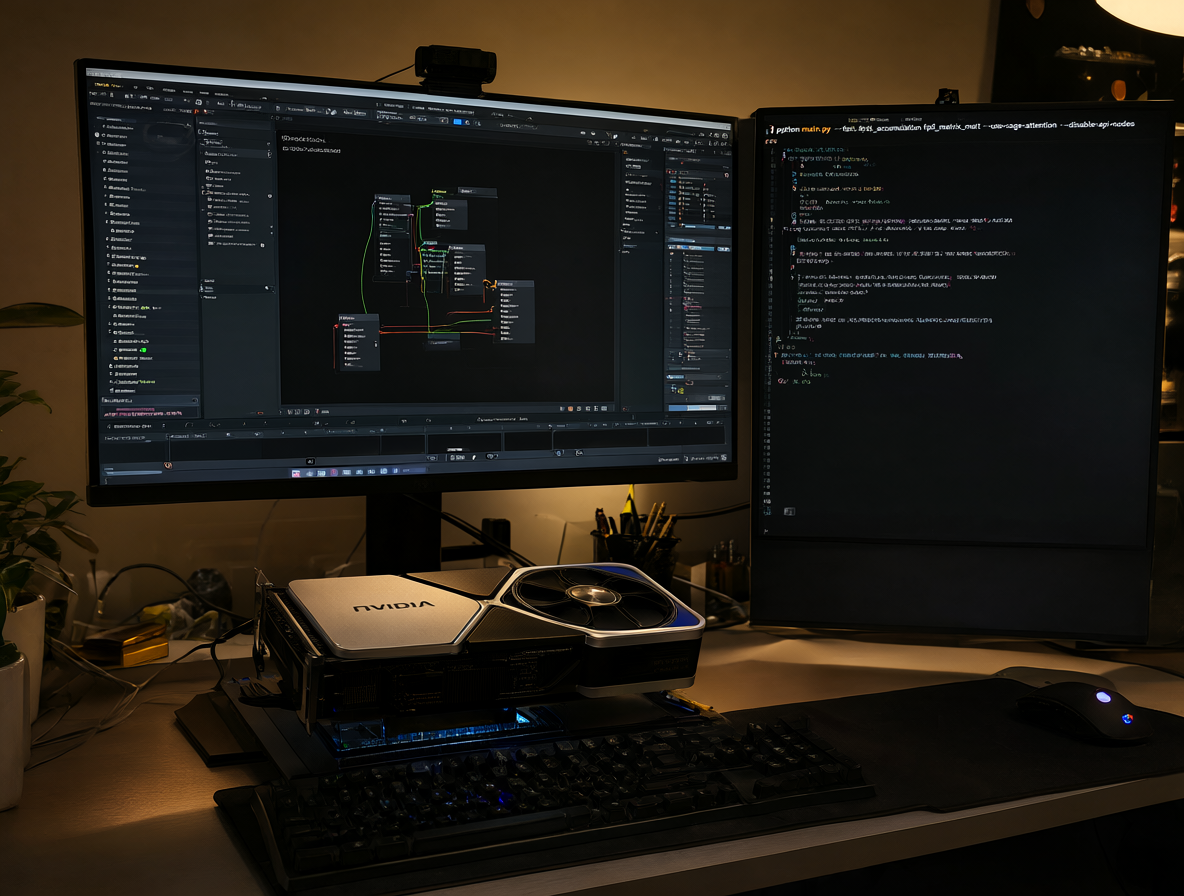 Una estación de trabajo mostrando una RTX 3090 conectada a monitores que ejecutan ComfyUI y el comando de Python para afinar video.