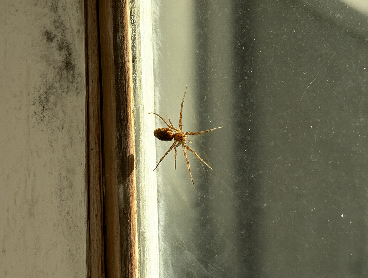 Araña pequeña sobre el marco de una ventana con luz natural y humedad visible.