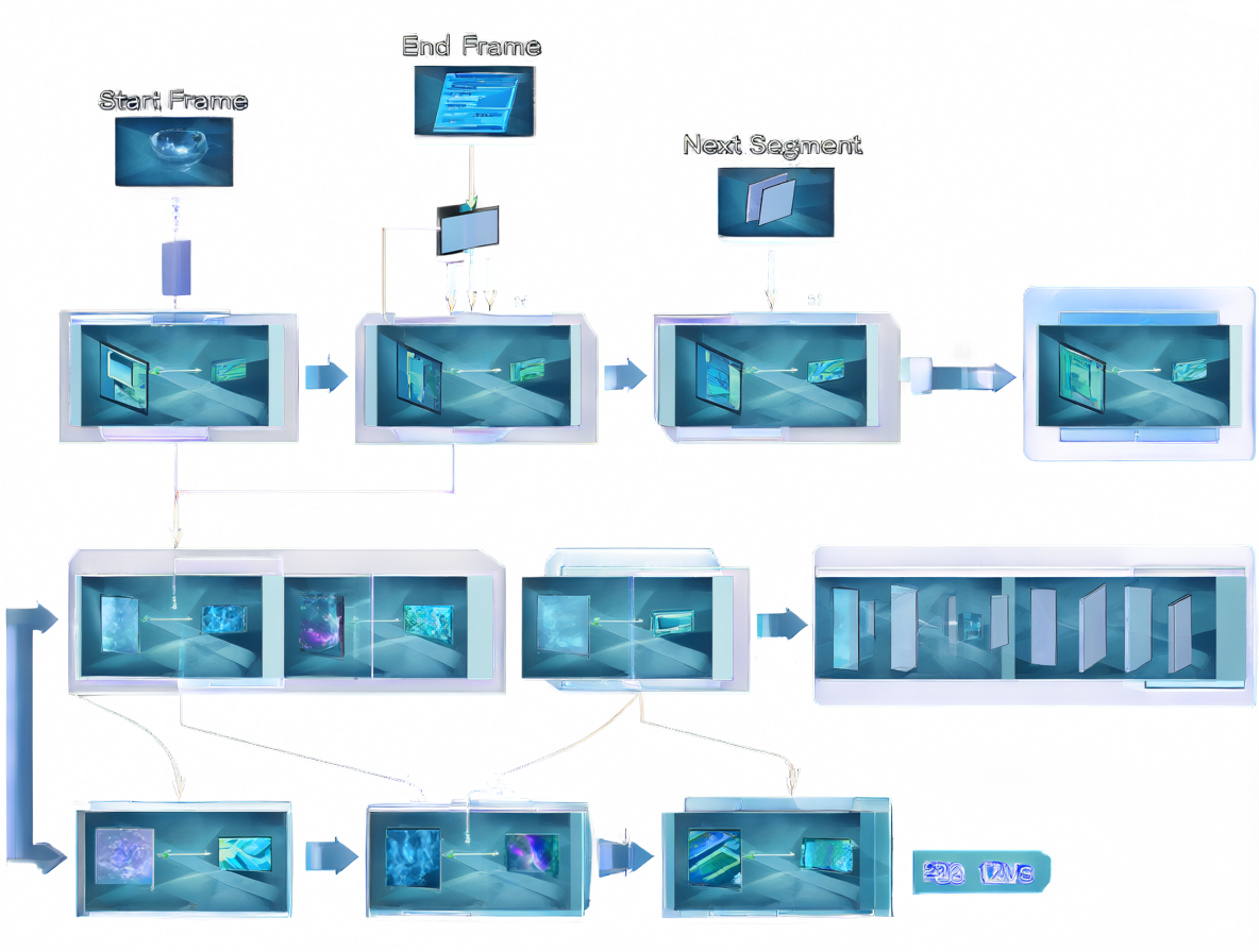 Technical diagram showing how AI video models use start and end frames to bridge short clips.