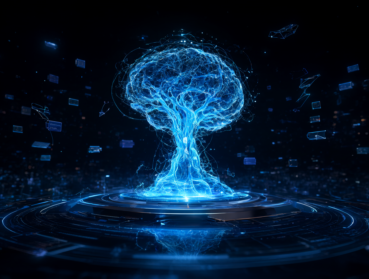 Render 3D de una red neuronal brillante sobre un escritorio holográfico con datos flotantes y una avatar de IA.