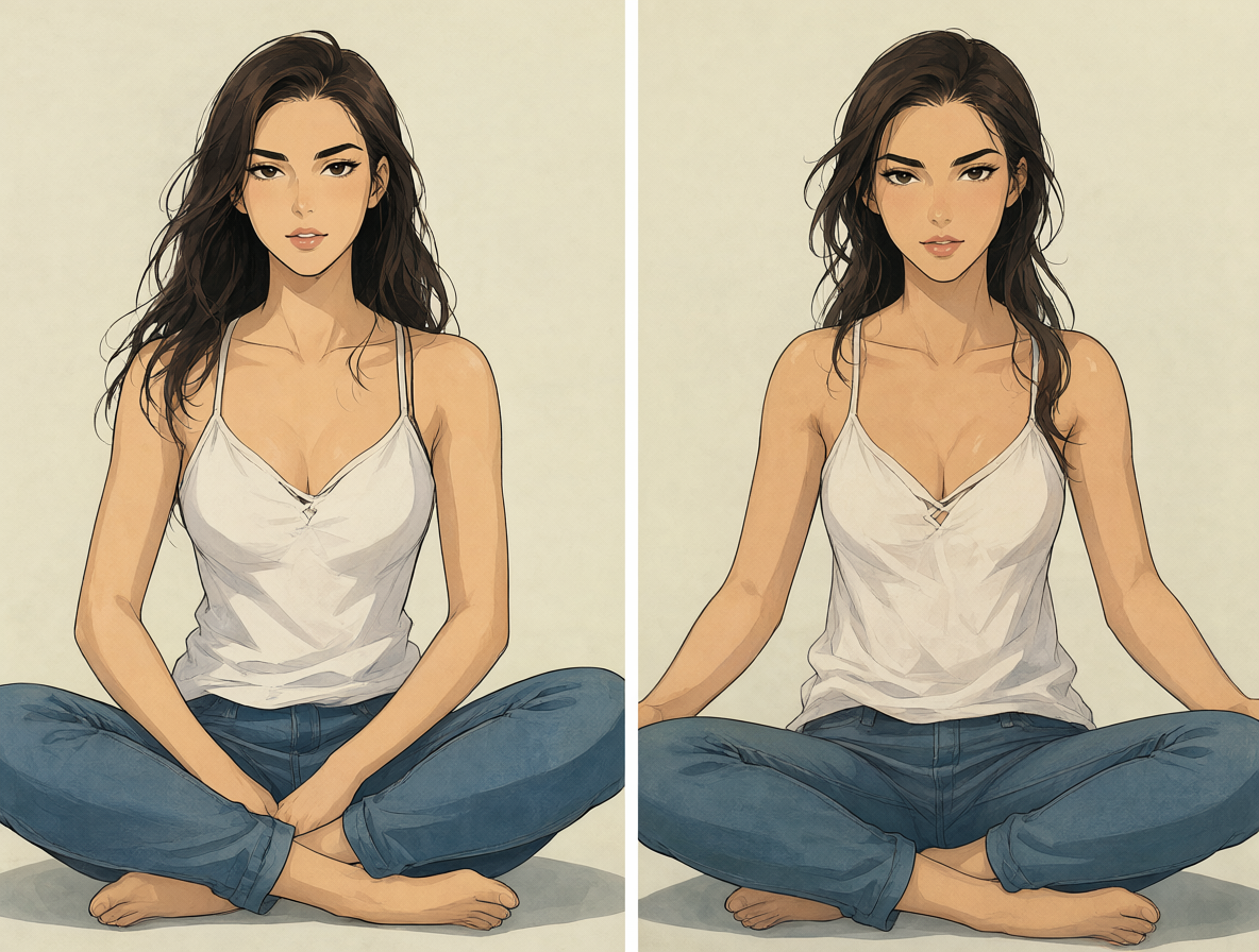Split-screen illustration showing unrestricted generation of a woman sitting versus blocked input for adult poses, highlighting the disparity discussed.