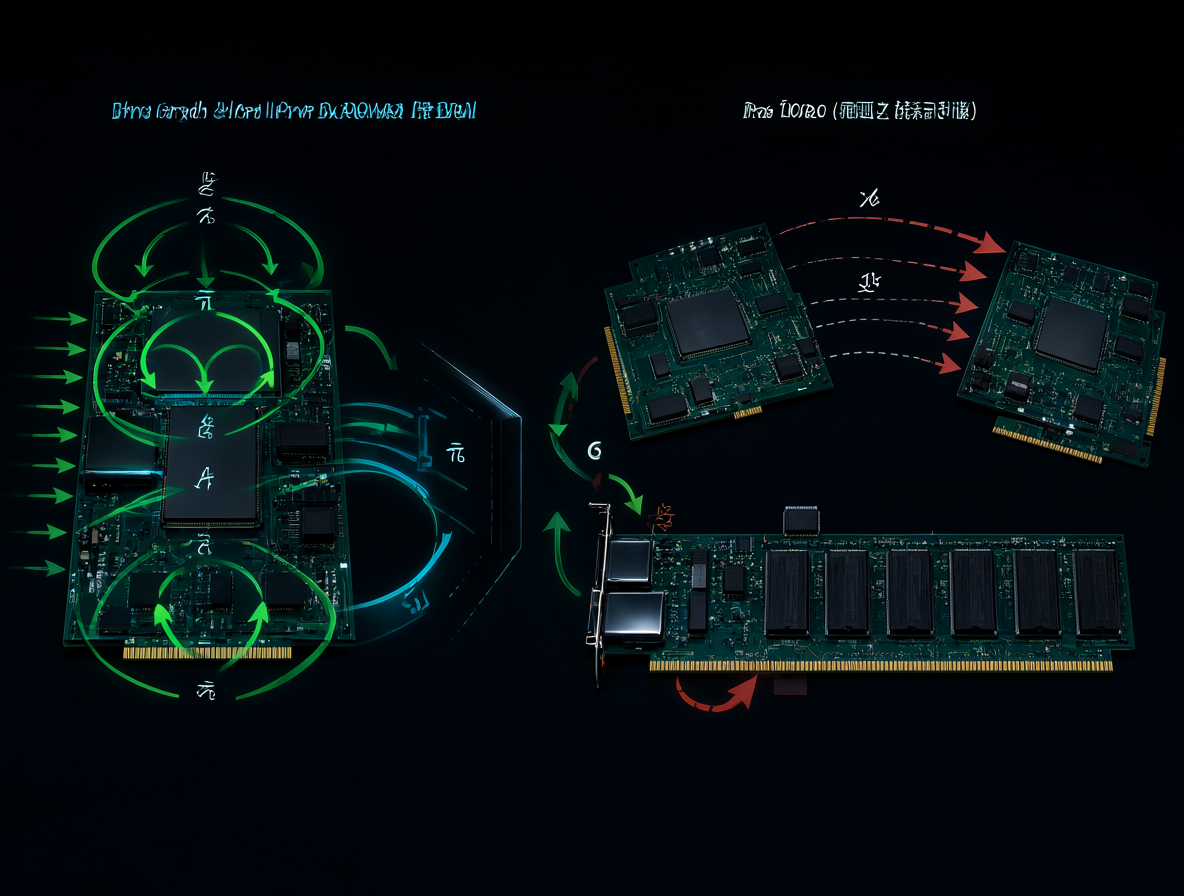 Diagrama técnico mostrando la diferencia entre VRAM y RAM para inferencia de IA, comparando velocidad y cuellos de botella.