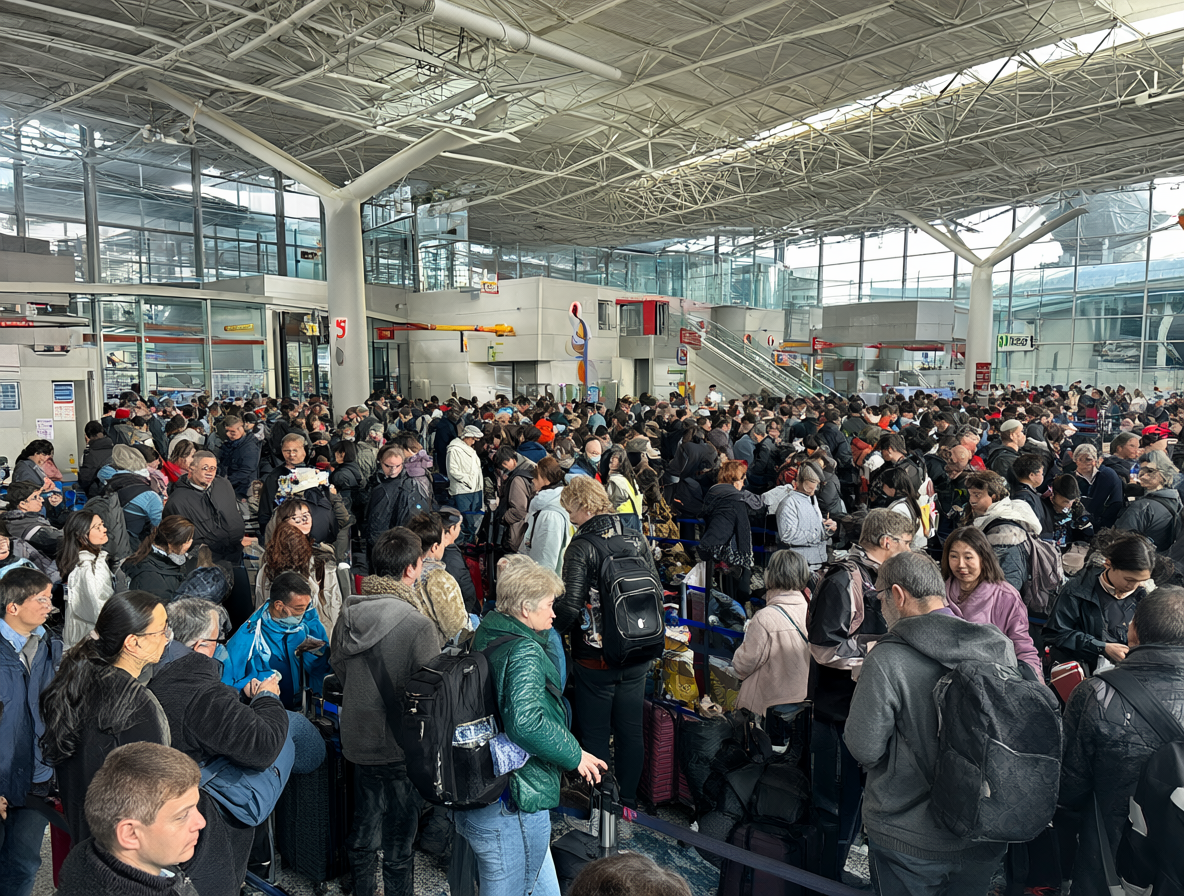 Viajeros esperando en filas numeradas para subir al avión.
