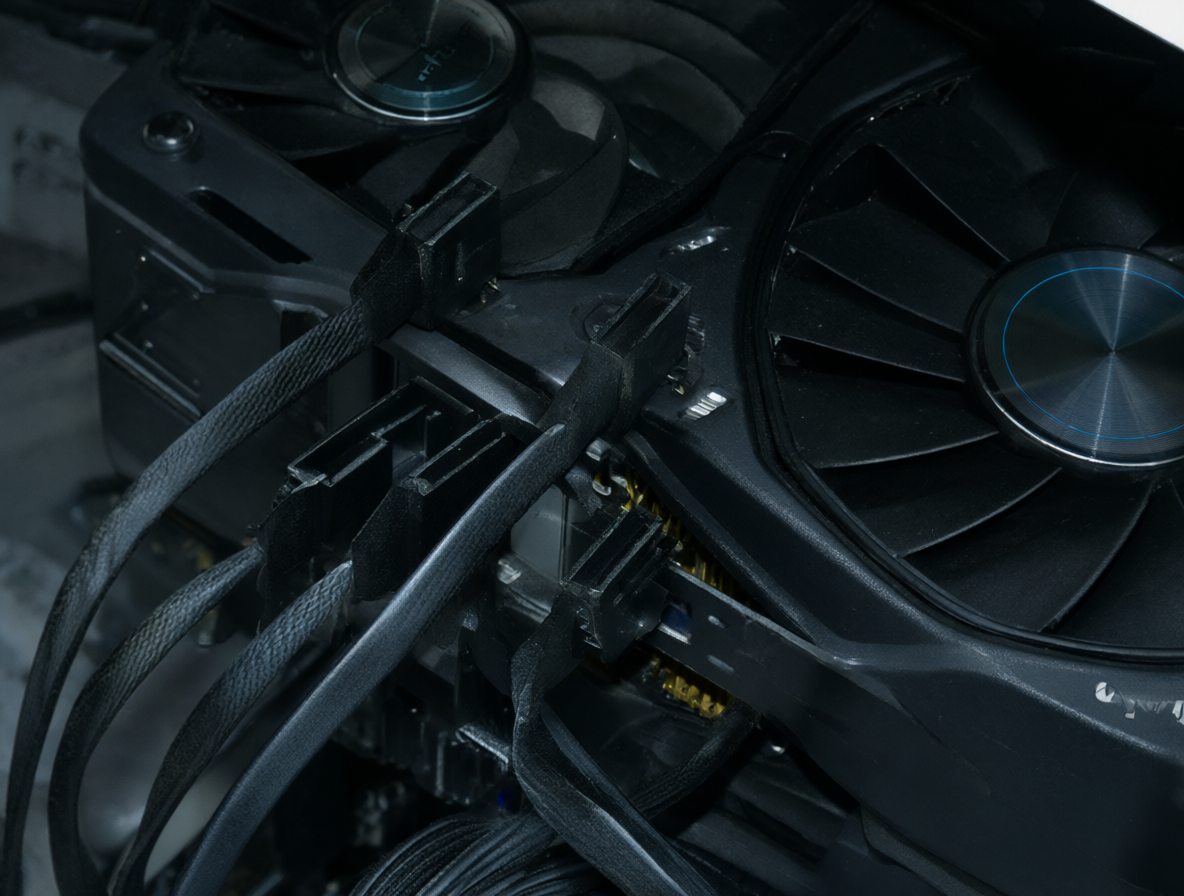 Una tarjeta gráfica NVIDIA GeForce RTX 3090 conectada a tres cables de alimentación PCIe.