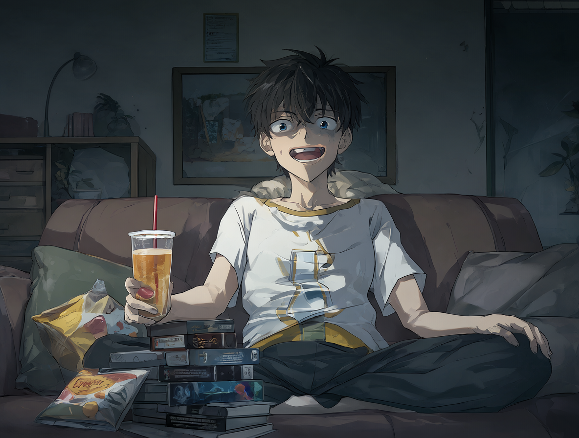 Un personaje de anime disfrutando de una sesión de maratón en un sofá cómodo, rodeado de snacks y bebidas.