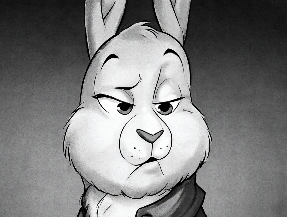 Retrato de Oswald el Conejo en estilo animación clásica blanco y negro