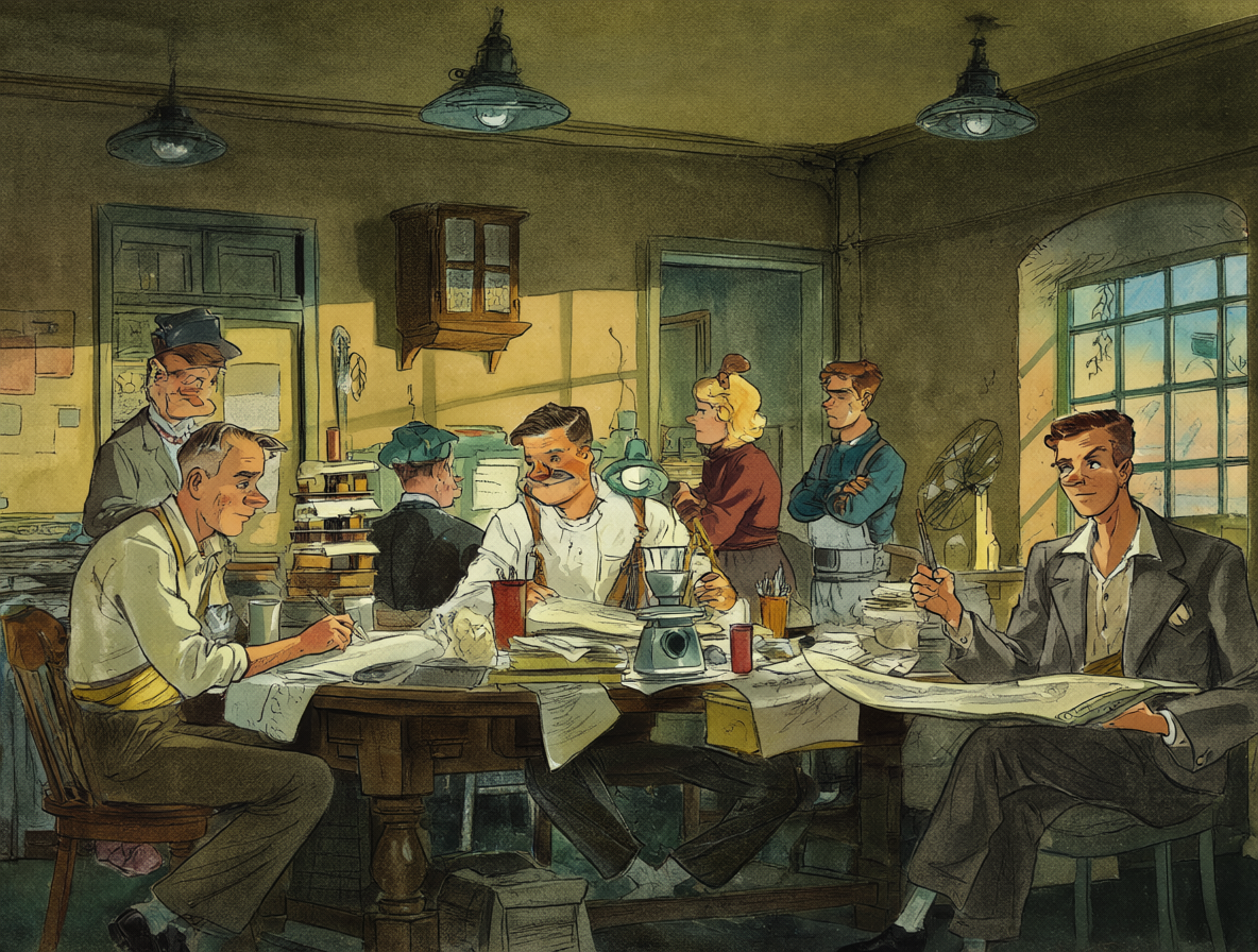 Estudio de animación antiguo lleno de artistas