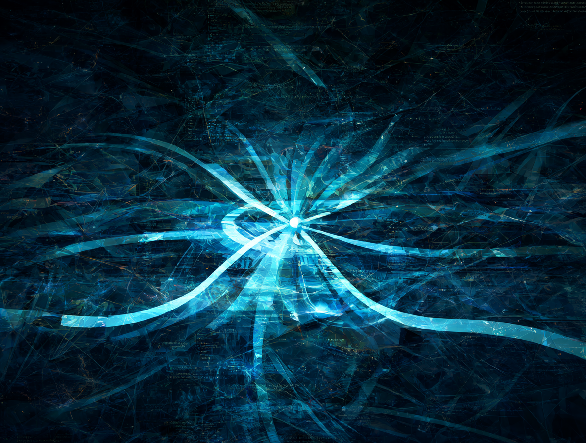 Representación abstracta de flujos de datos de IA cruzándose con fragmentos de código PHP.