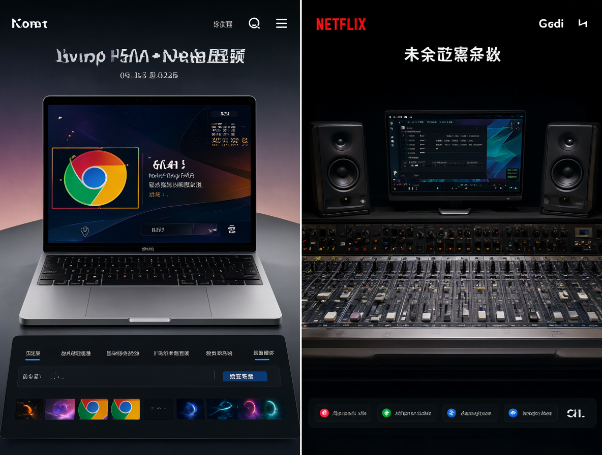 Comparación visual entre software de streaming y reproductores locales con un estudio de audio al fondo.