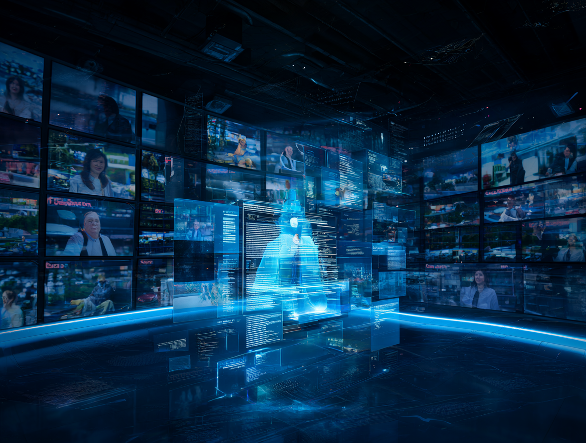 Entorno futurista con servidores de noticias y una interfaz de IA procesando artículos mientras se transmiten programas.