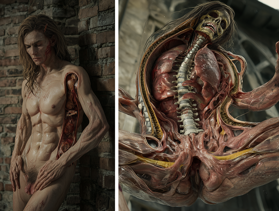 A split visual perspective comparing an external view with a stylized internal CGI view of anatomy.