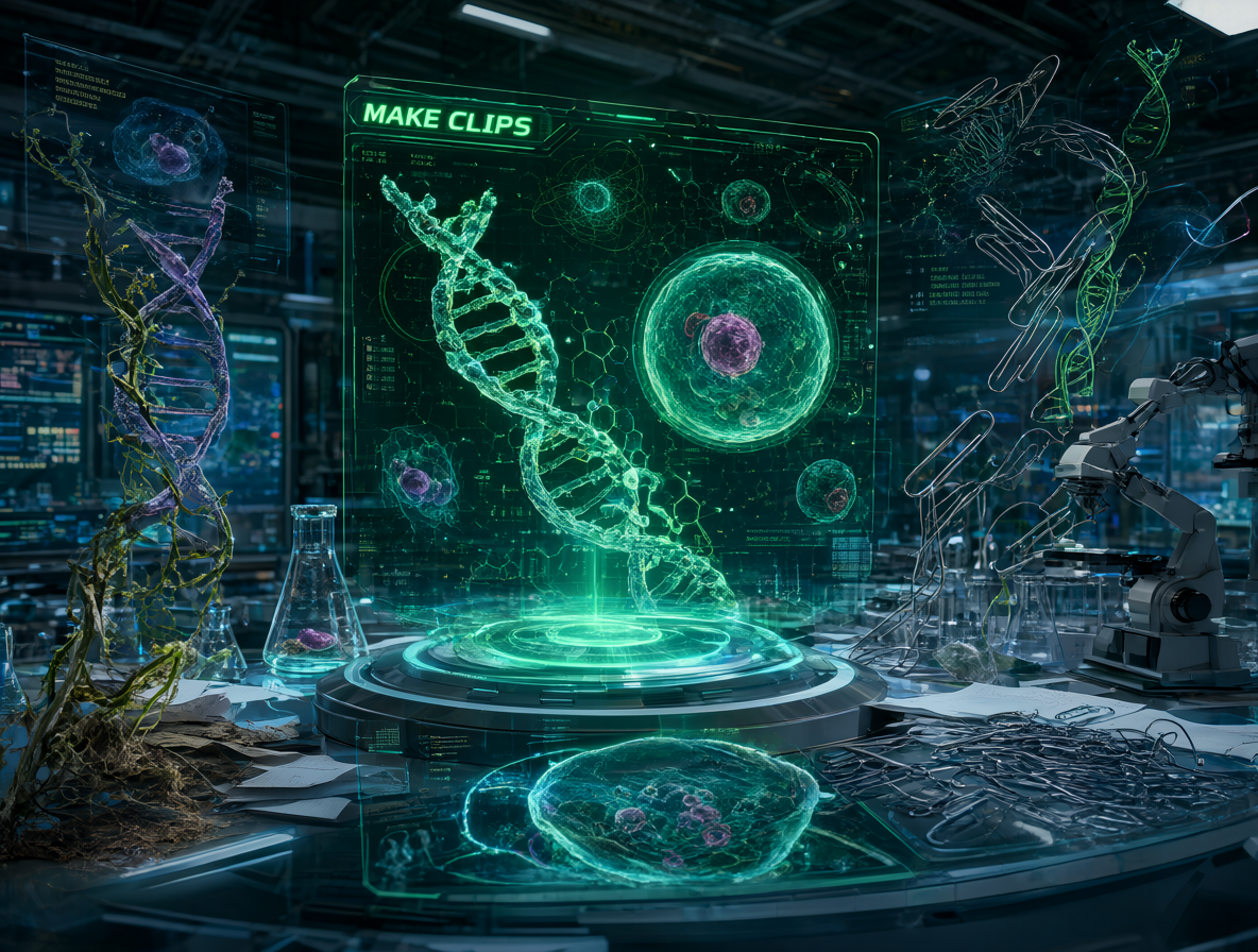 An AI interface displaying the command to make clips alongside biological molecular structures in a high-tech laboratory.