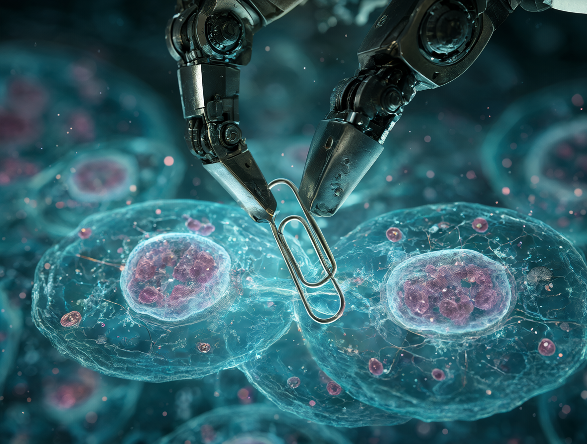 A close-up of machinery crushing raw materials while organic life forms replicate nearby.