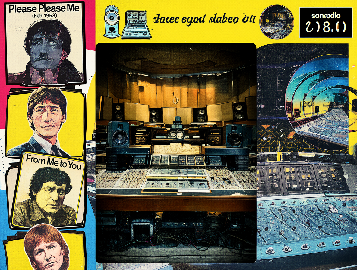 Ilustración mostrando el estudio de los años 60, las mezclas iniciales y la transición al sonido estéreo moderno.