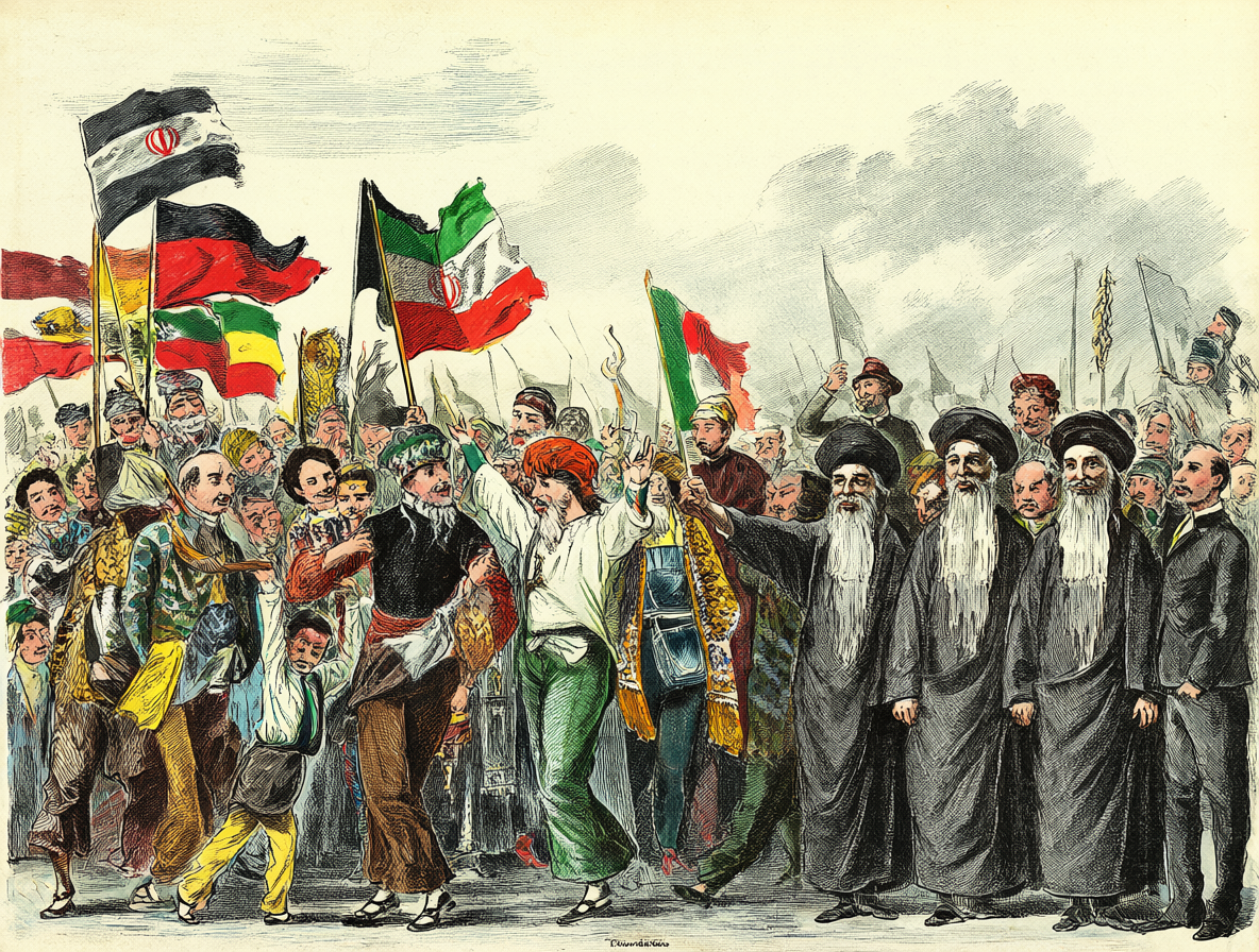 Ilustración que contrasta la diversidad inicial de la revolución con el posterior dominio islámico en Irán.