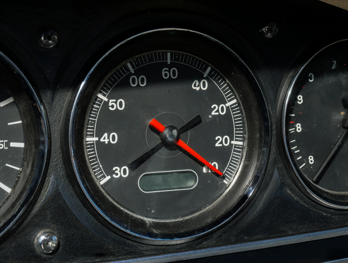 Vista detallada del dial de un velocímetro que muestra ambas unidades de velocidad.