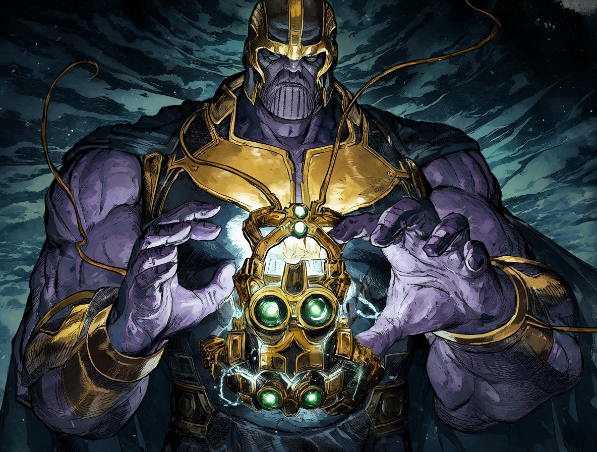 Imagen conceptual de Doctor Doom con un dispositivo de contención sobre el Guantelete de Thanos