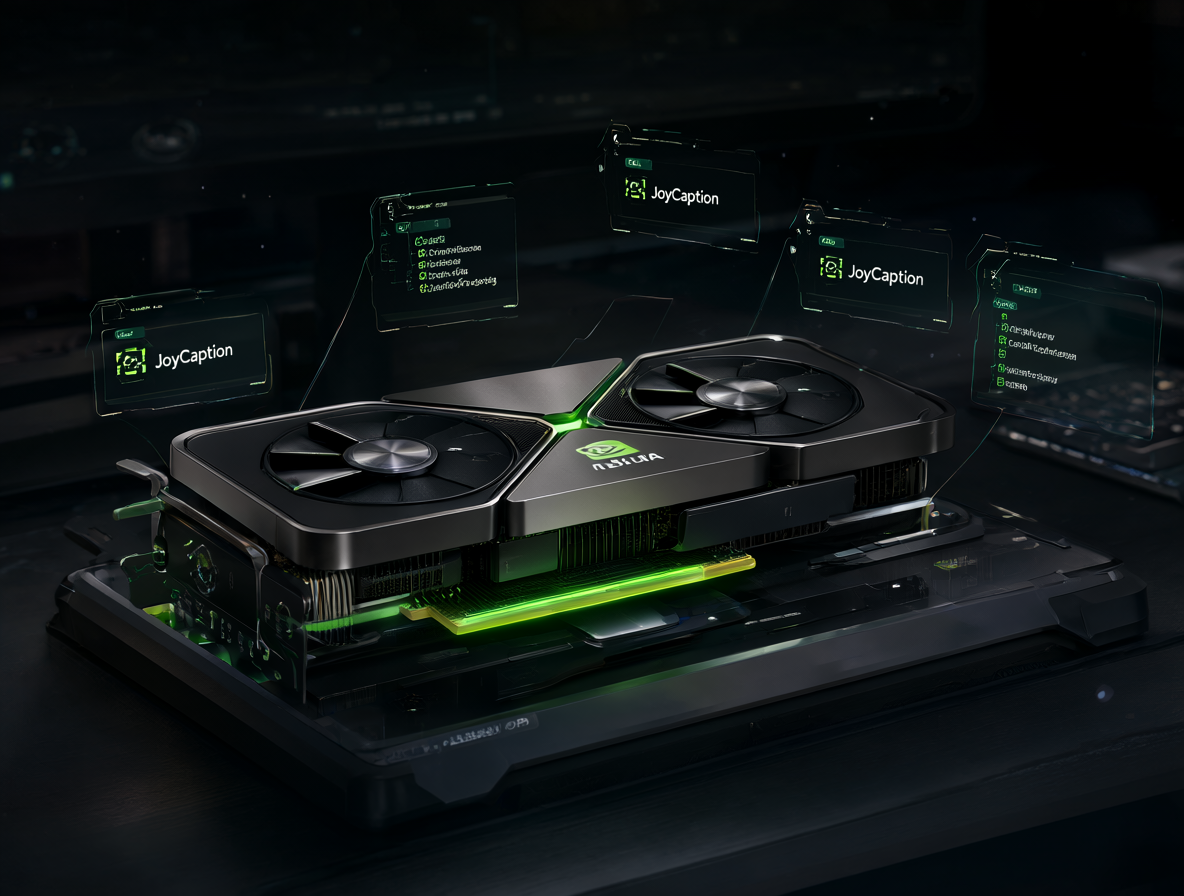 Renderizado 3D de una tarjeta gráfica RTX 3090 rodeada de interfaces holográficas que muestran nodos de ComfyUI y texto de JoyCaption en un entorno tecnológico oscuro.