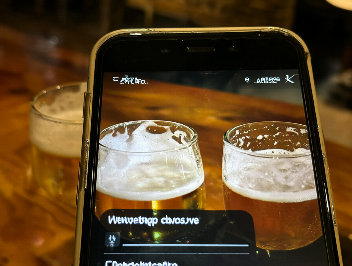 Pantalla de un teléfono móvil mostrando un chat y vasos de cerveza, representando la invitación casual a una prima.
