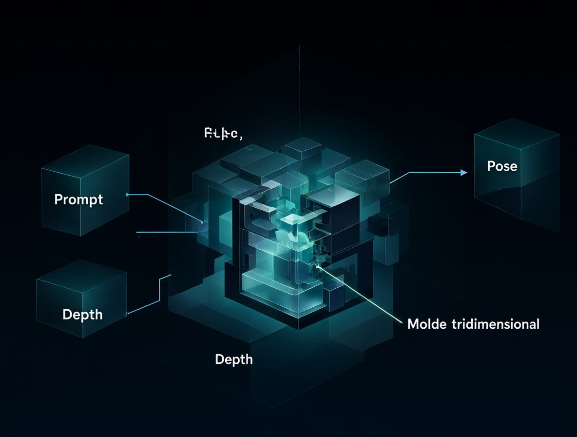 Esquema técnico de los componentes de entrada para un modelo de IA, destacando el uso del mapa de profundidad como molde tridimensional.