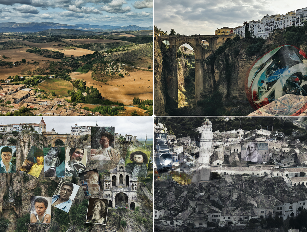 Composición dividida que muestra las atrocidades de la Guerra Civil Española en Ronda y Paracuellos del Jarama, contrastando con iconos modernos de redes sociales y debates políticos actuales.