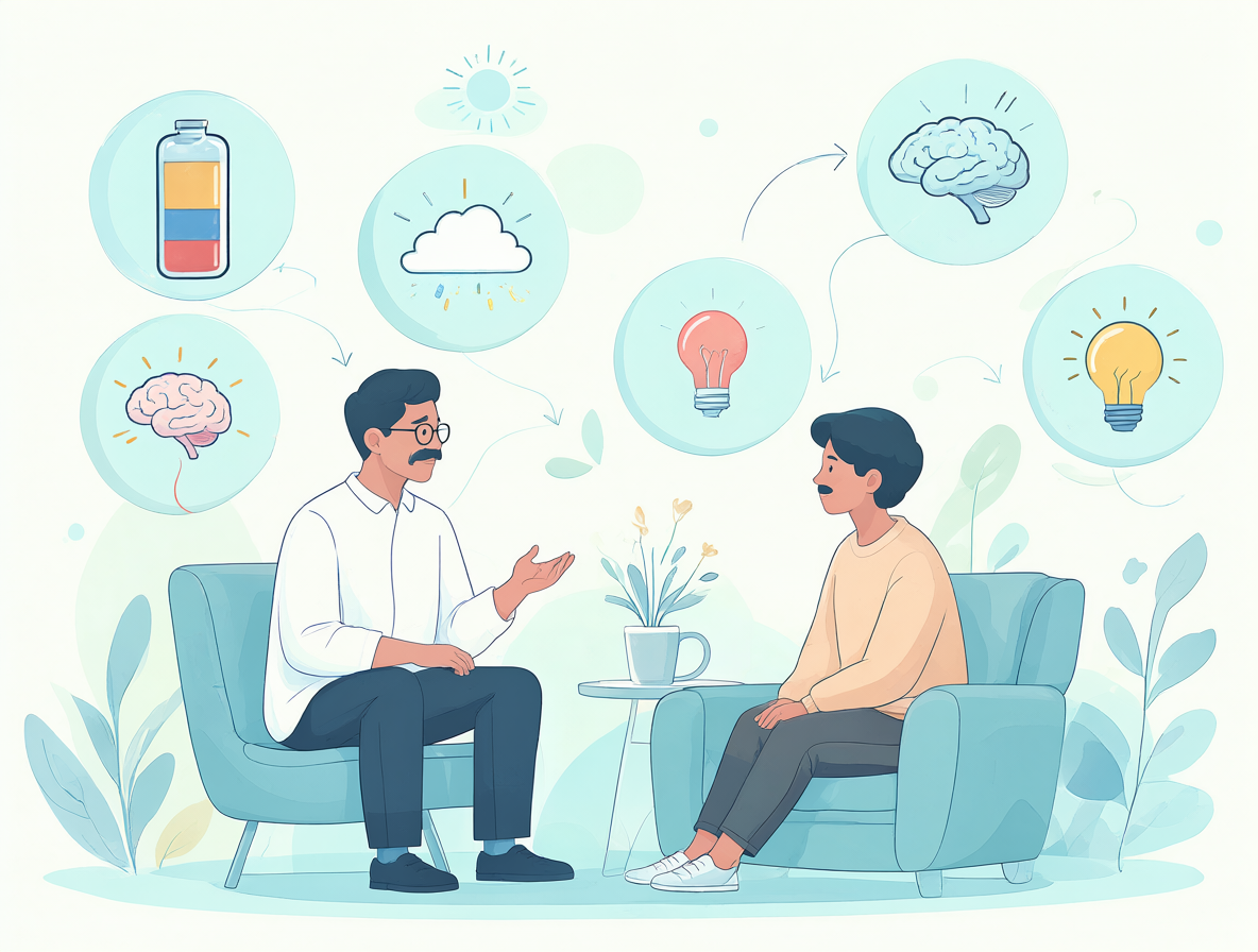 Terapeuta y paciente discutiendo con iconos de necesidades subyacentes como energía y calma.