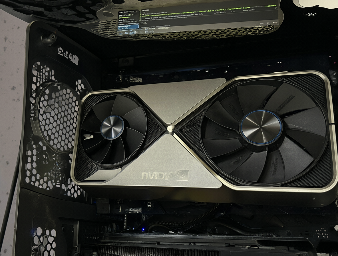 Una tarjeta gráfica RTX 3090 conectada a una pantalla que muestra la interfaz de carga de modelos de visión.
