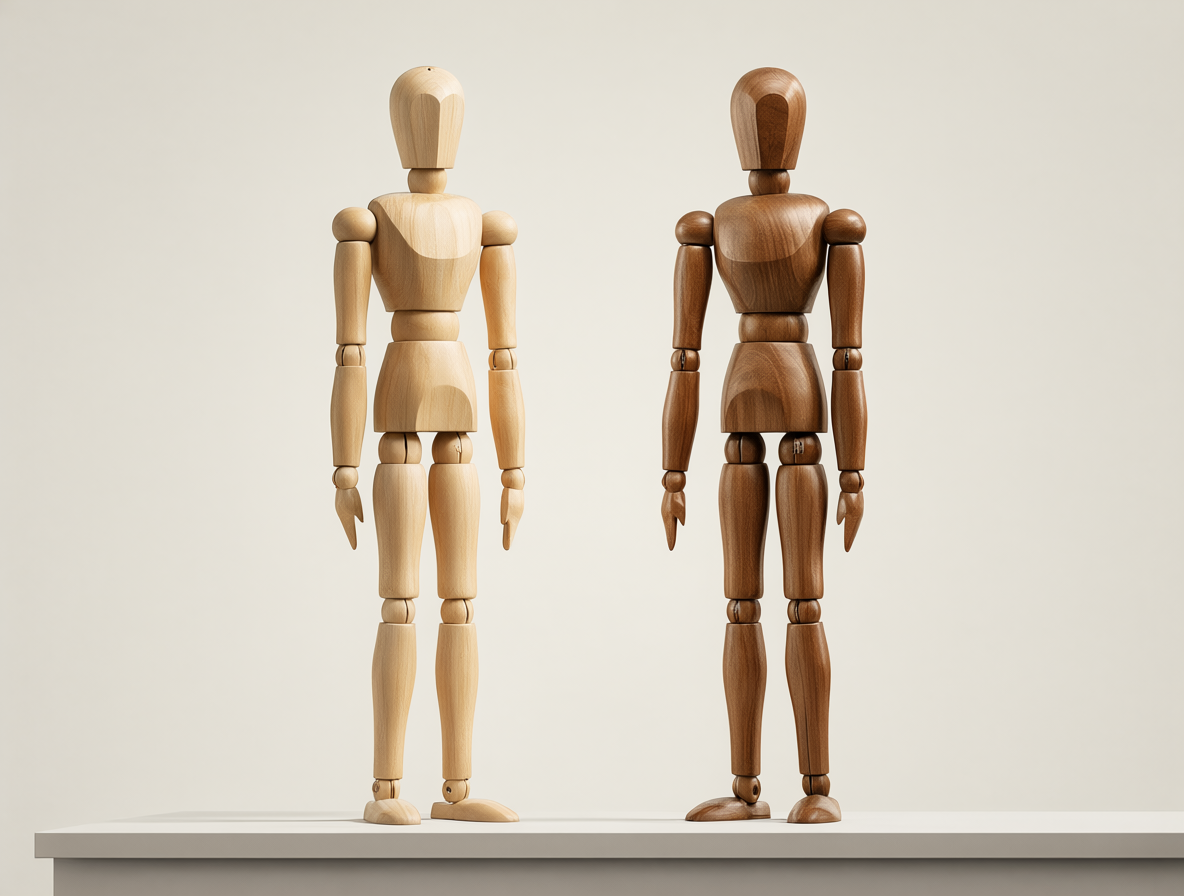 Ilustración digital de dos figuras de madera completas en un entorno neutro.