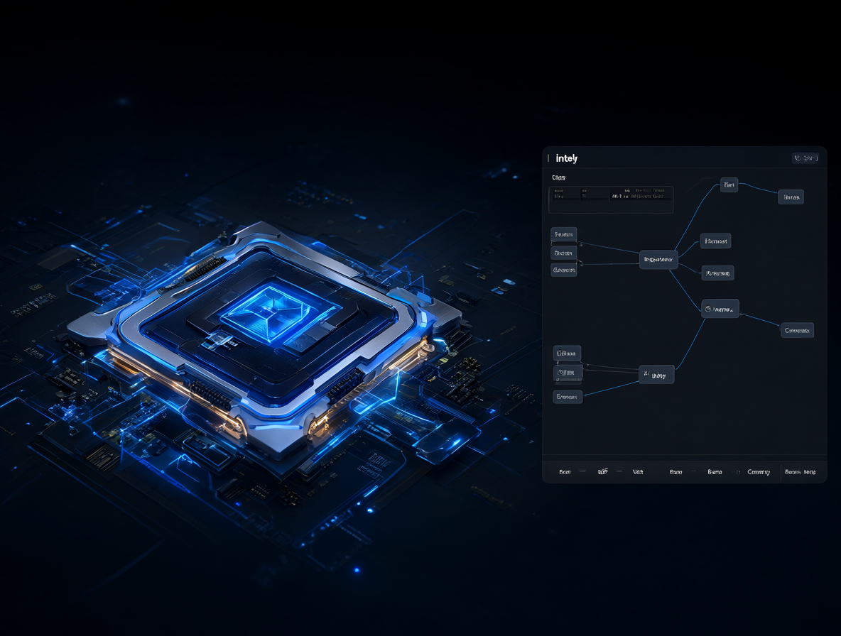 Imagen de un entorno tecnológico mostrando una tarjeta gráfica Intel y el software de IA.