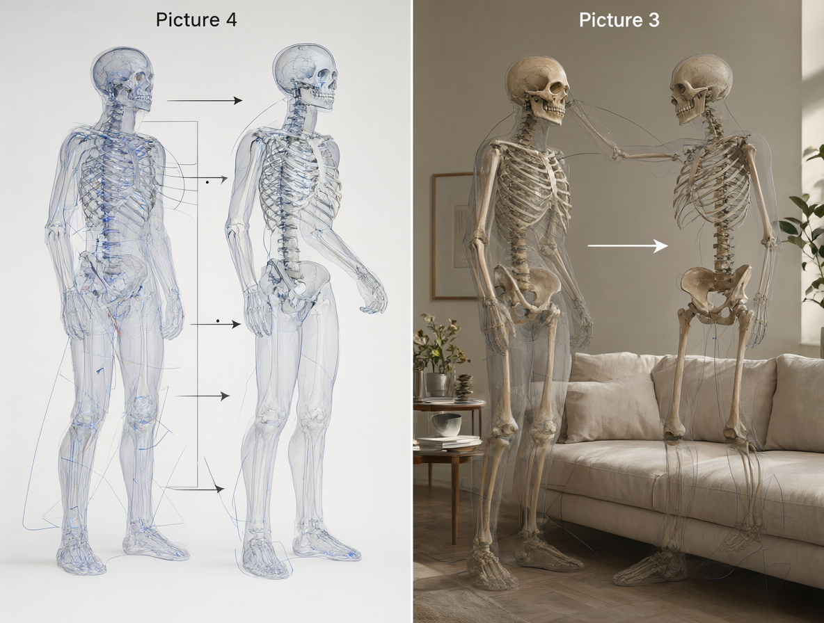 Technical illustration showing the transfer of a skeletal pose overlay into a fully rendered scene with furniture and environment.