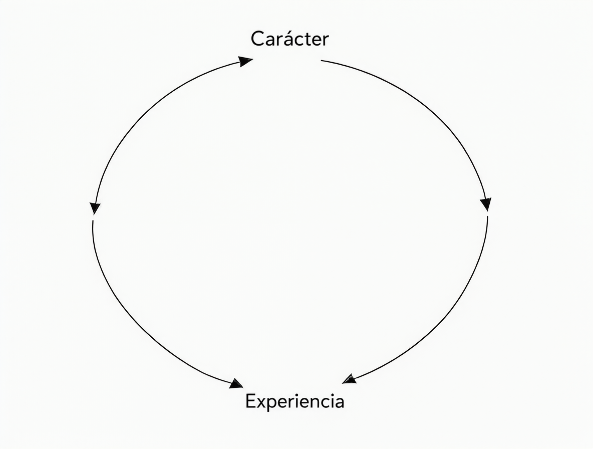 Diagrama conceptual de dos flechas formando un bucle cerrado entre Carácter y Experiencia