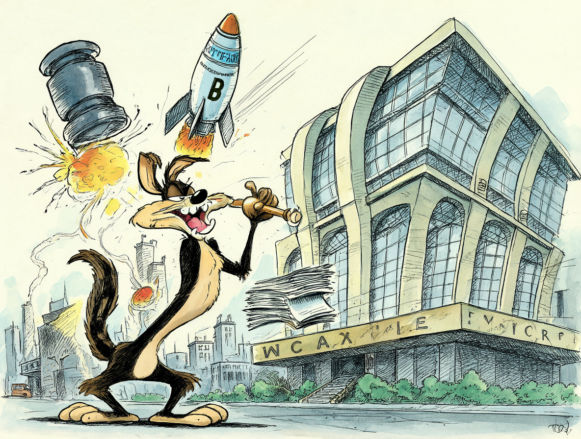 Ilustración de Wile E. Coyote presentando una demanda contra la empresa Acme tras un accidente con sus propios misiles, capturando el humor absurdo y orgánico que hace funcionar a esta película.