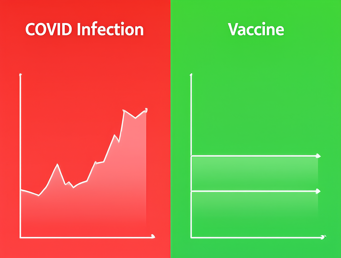 Infografía dividida mostrando el riesgo de infarto por COVID y la seguridad de la vacuna.