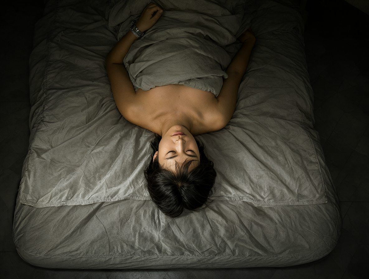 A top-down view of an inverted person lying on a bed, head near the foot and feet near the headboard.