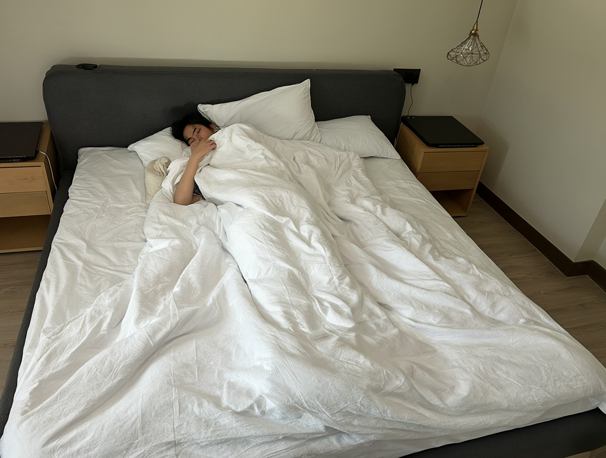 A top-down view of a person sleeping normally on a bed, head near the headboard and feet near the foot.