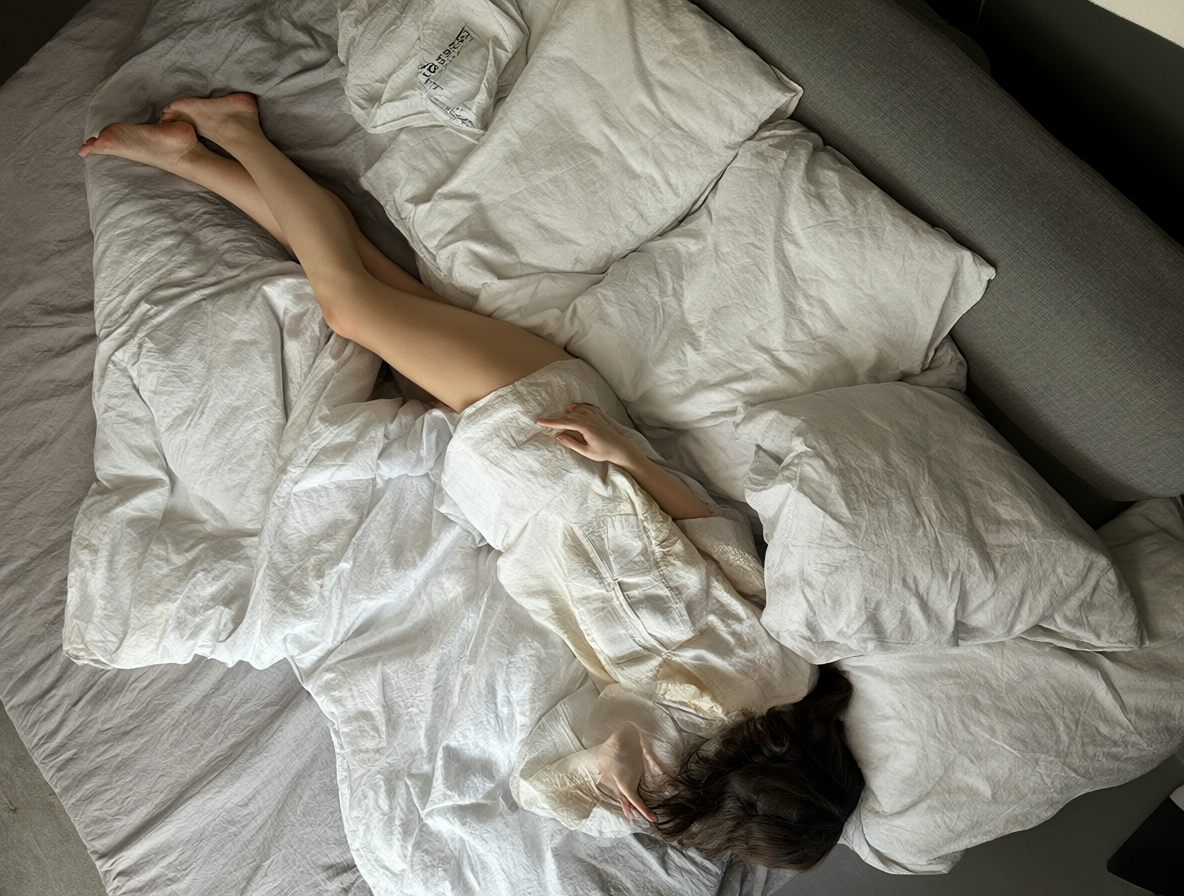 A top-down view of a person lying diagonally on a bed, with their head at the lower right and feet at the upper left.