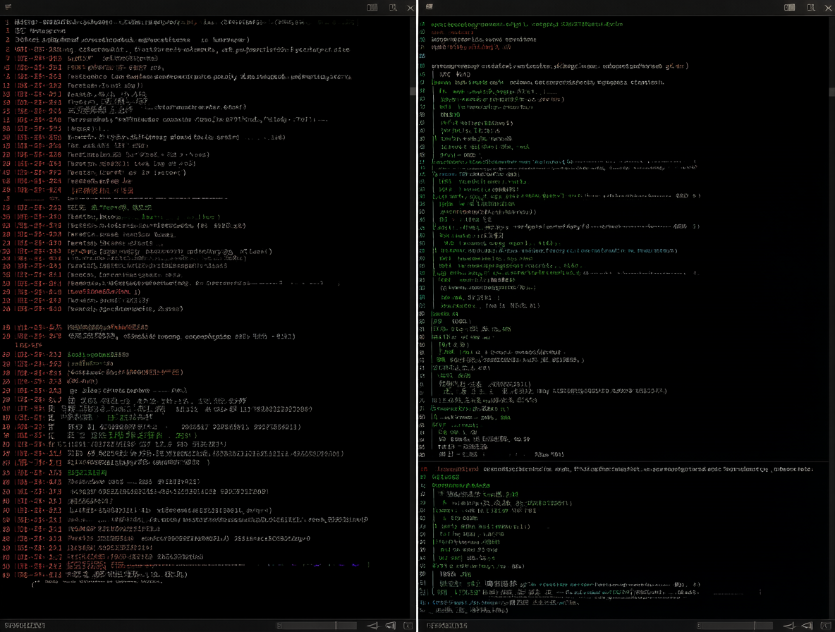 Pantalla dividida mostrando el proceso de depuración de un script en línea de comandos.
