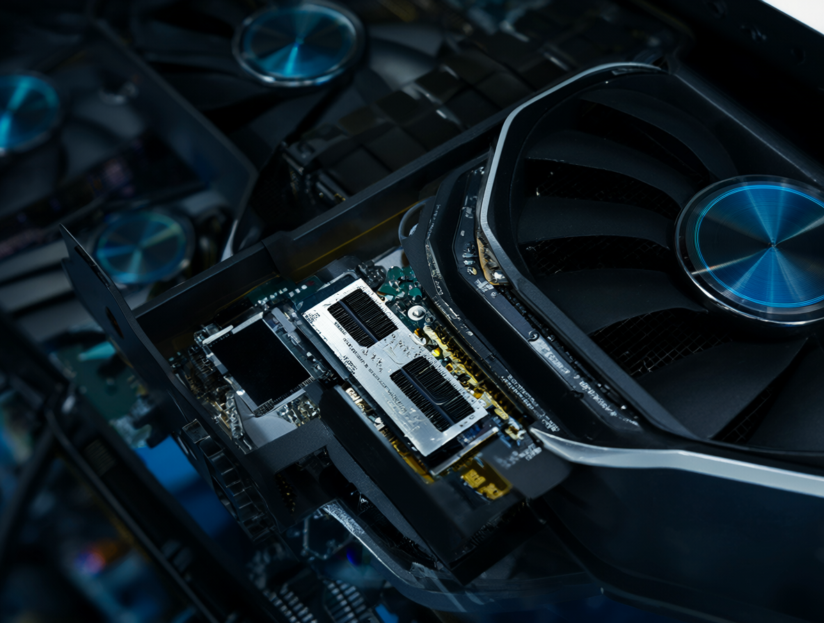 Plano cercano de una tarjeta gráfica NVIDIA RTX 3090 con sus módulos de memoria VRAM resaltados.