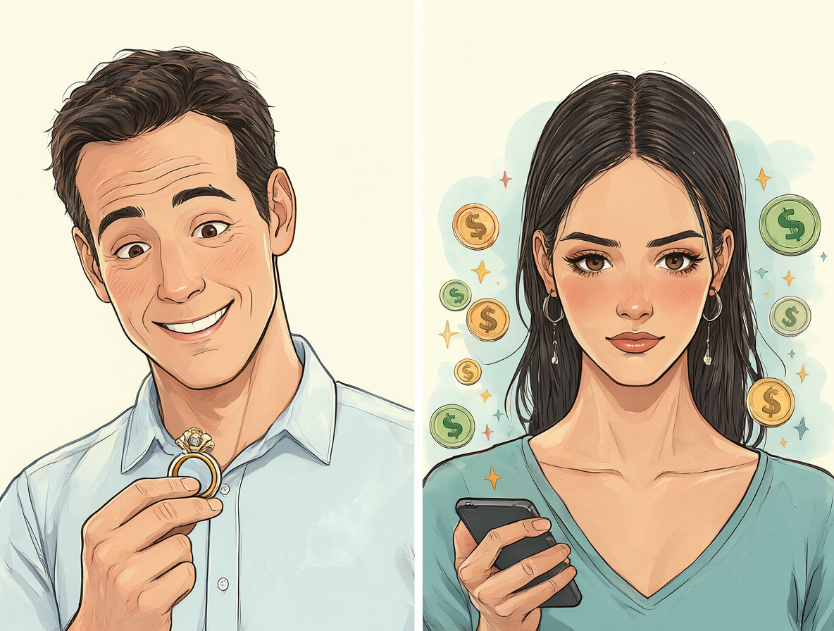 Ilustración que muestra la dualidad de las perspectivas en una relación entre un hombre y una mujer, contrastando la satisfacción emocional con el éxito comercial.