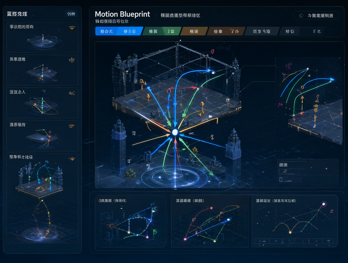 Interfaz de análisis de IA mostrando herramientas de 'motion blueprint' que separan los vectores de movimiento de los detalles de renderizado.