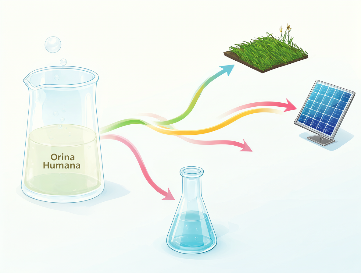 Ilustración educativa mostrando una jarra con líquido etiquetado como 'Orina Humana' dirigiéndose hacia campos agrícolas, paneles solares y frascos de laboratorio.