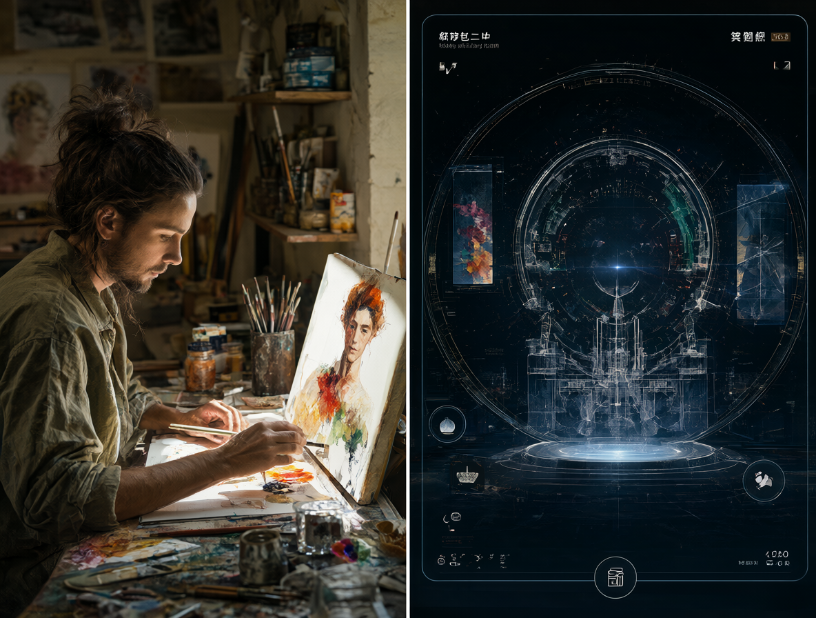 Imagen dividida mostrando fotografía de artista y arte generado por IA
