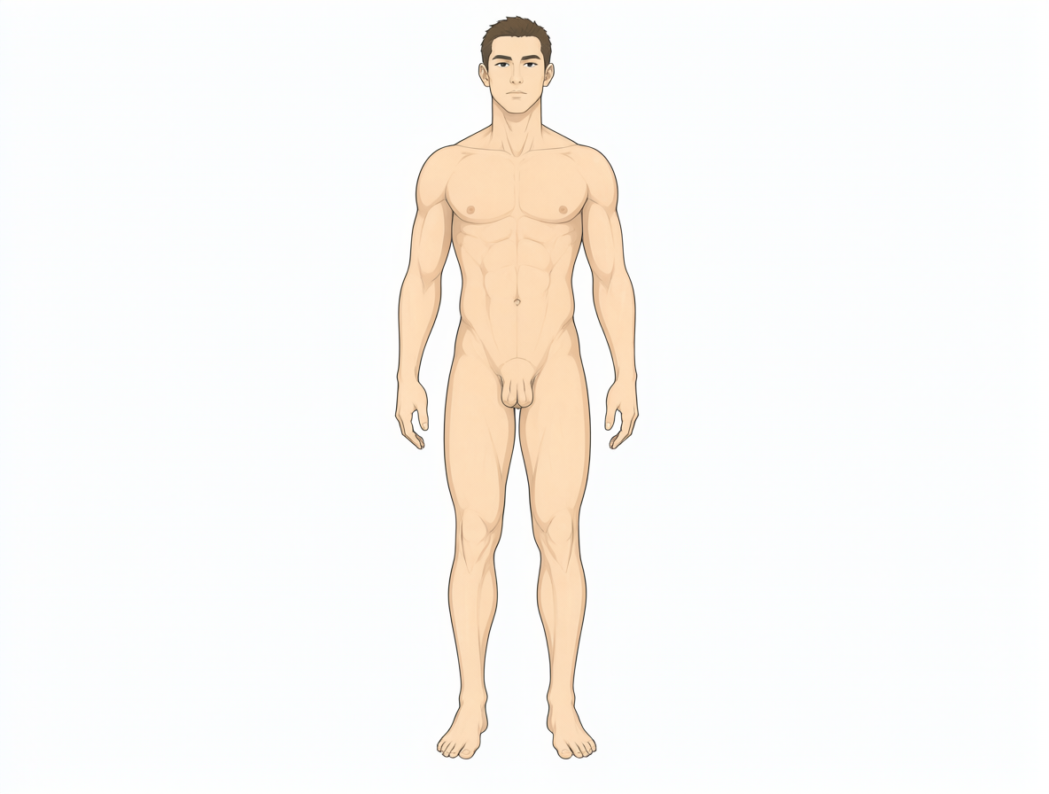 Vista frontal de un personaje masculino desnudo en una lámina de referencia plana sobre fondo blanco.