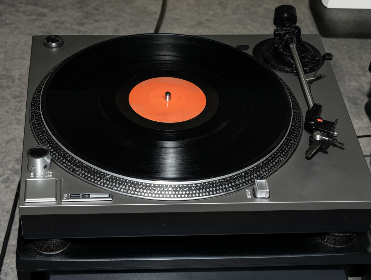 Retrato de un tocadiscos con parlantes bluetooth.
